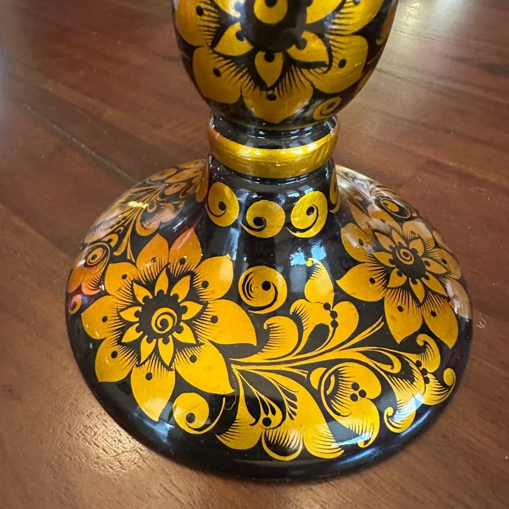 Khokhloma Candlestick Vintage Russian Folk Art Black‎ Gold Floral Lacquered Wood